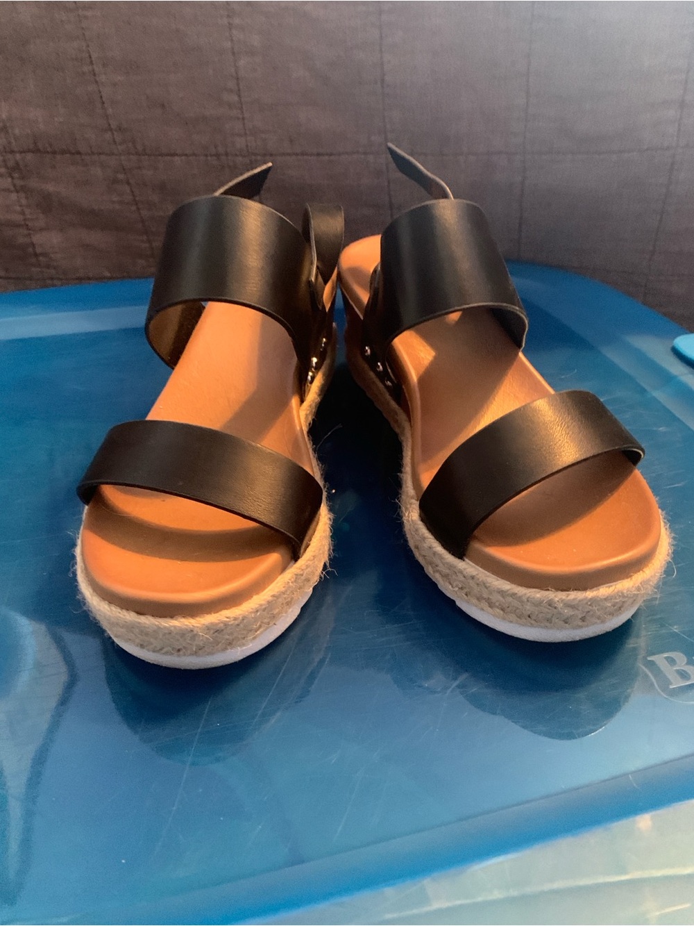 Women’s Black Double-Strap Espadrille Platform Sandals with Tan Footbed
